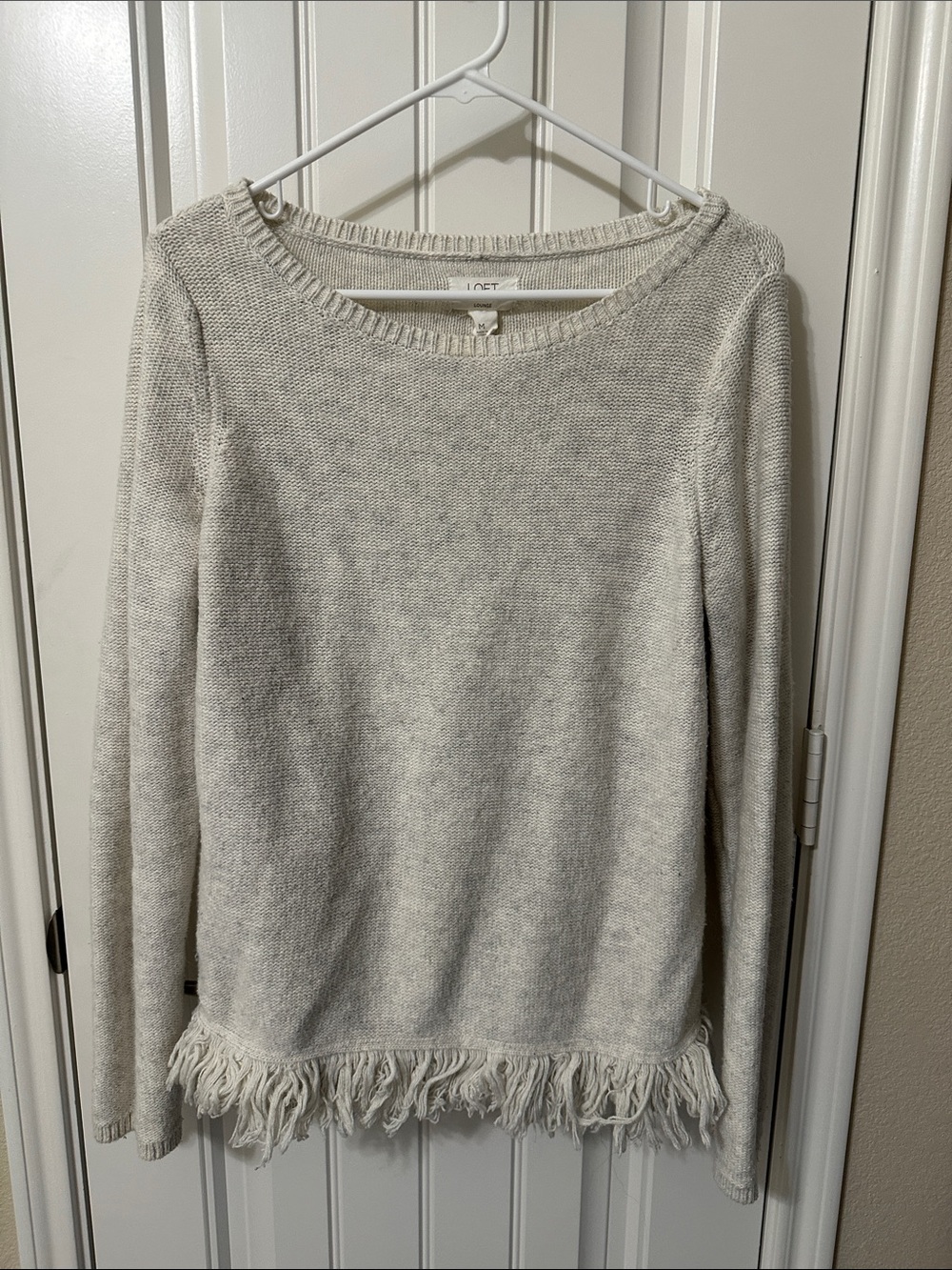 LOFT Ivory Crewneck Sweater with Fringe Hem